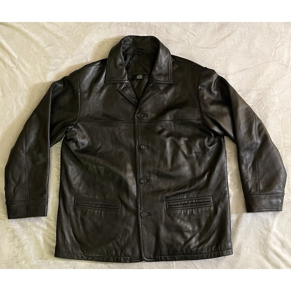 Knightsbridge Men's L Black Leather Jacket Button Front Lined Pockets Mid-Length